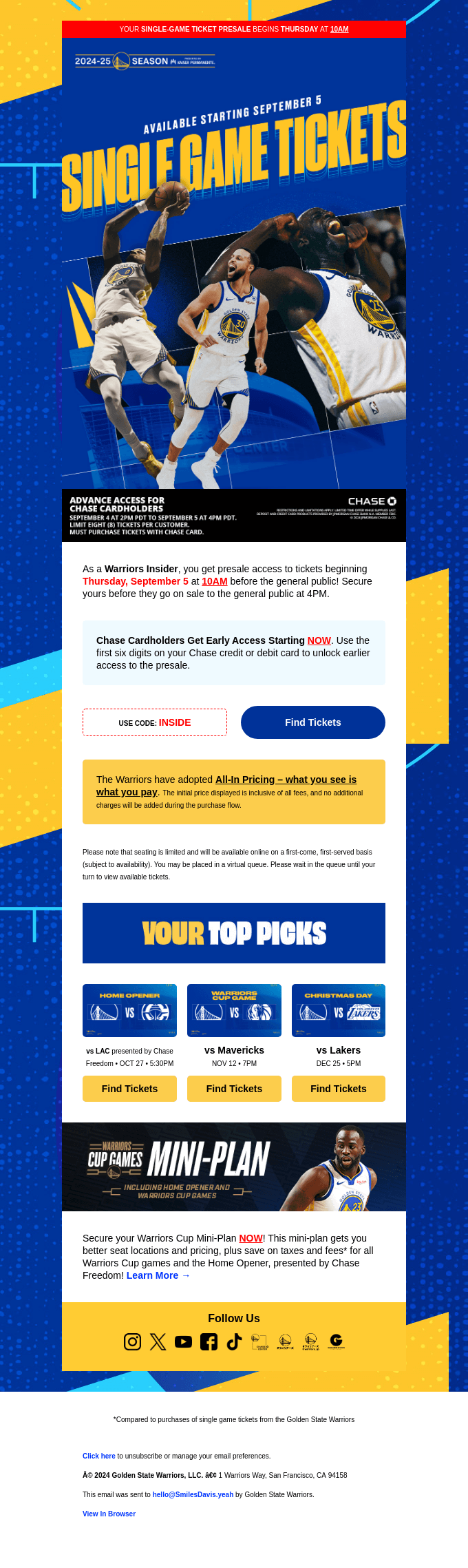 Your Warriors Single Game Ticket Presale Begins Tomorrow at 10AM!