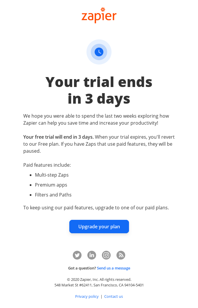 Your Zapier trial ends in 3 days