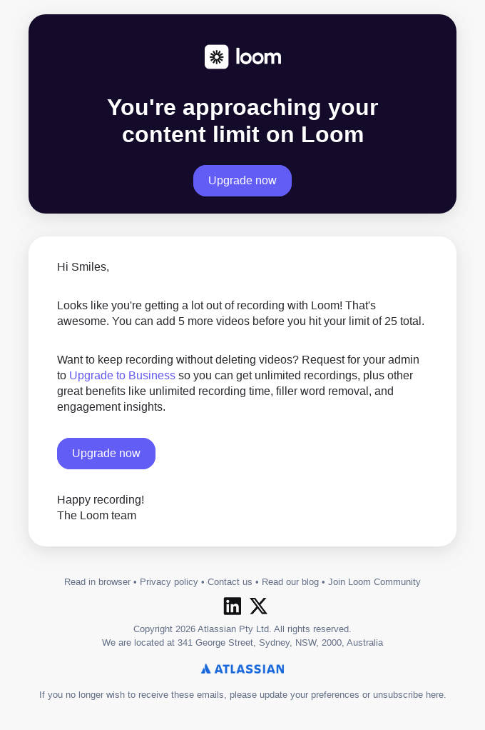 ⚠️ You're approaching your content limit on Loom!