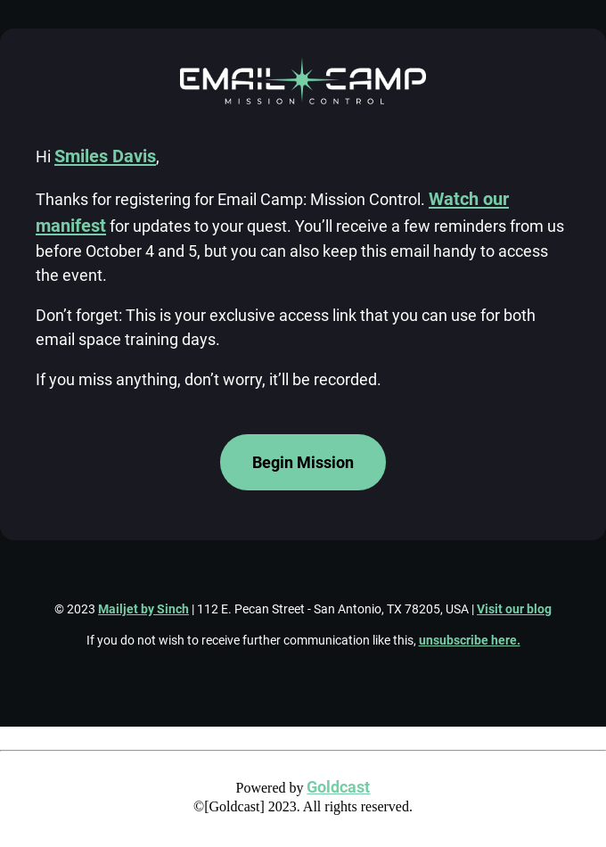 You're registered for Email Camp: Mission Control